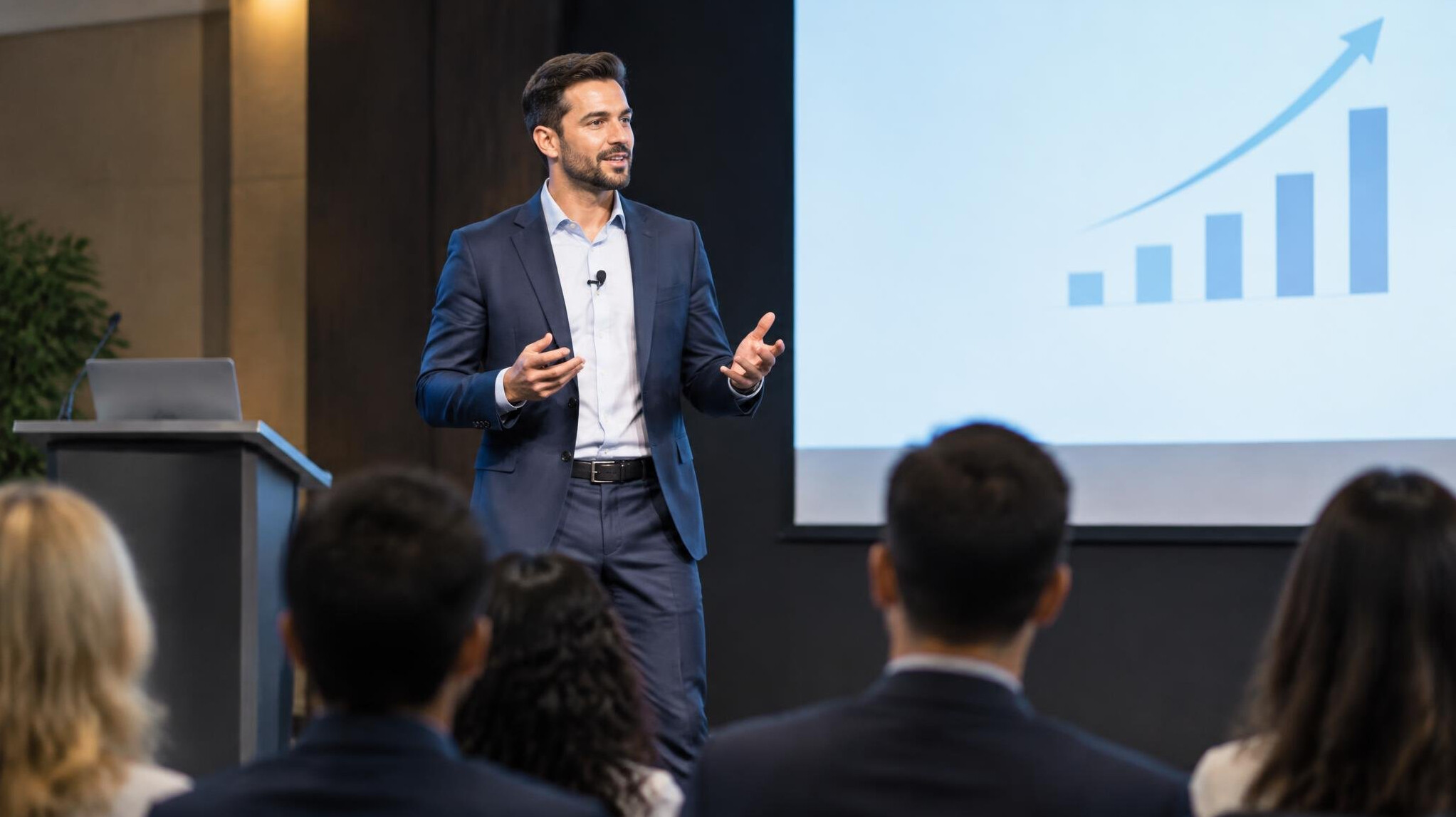 confident speaker on stage