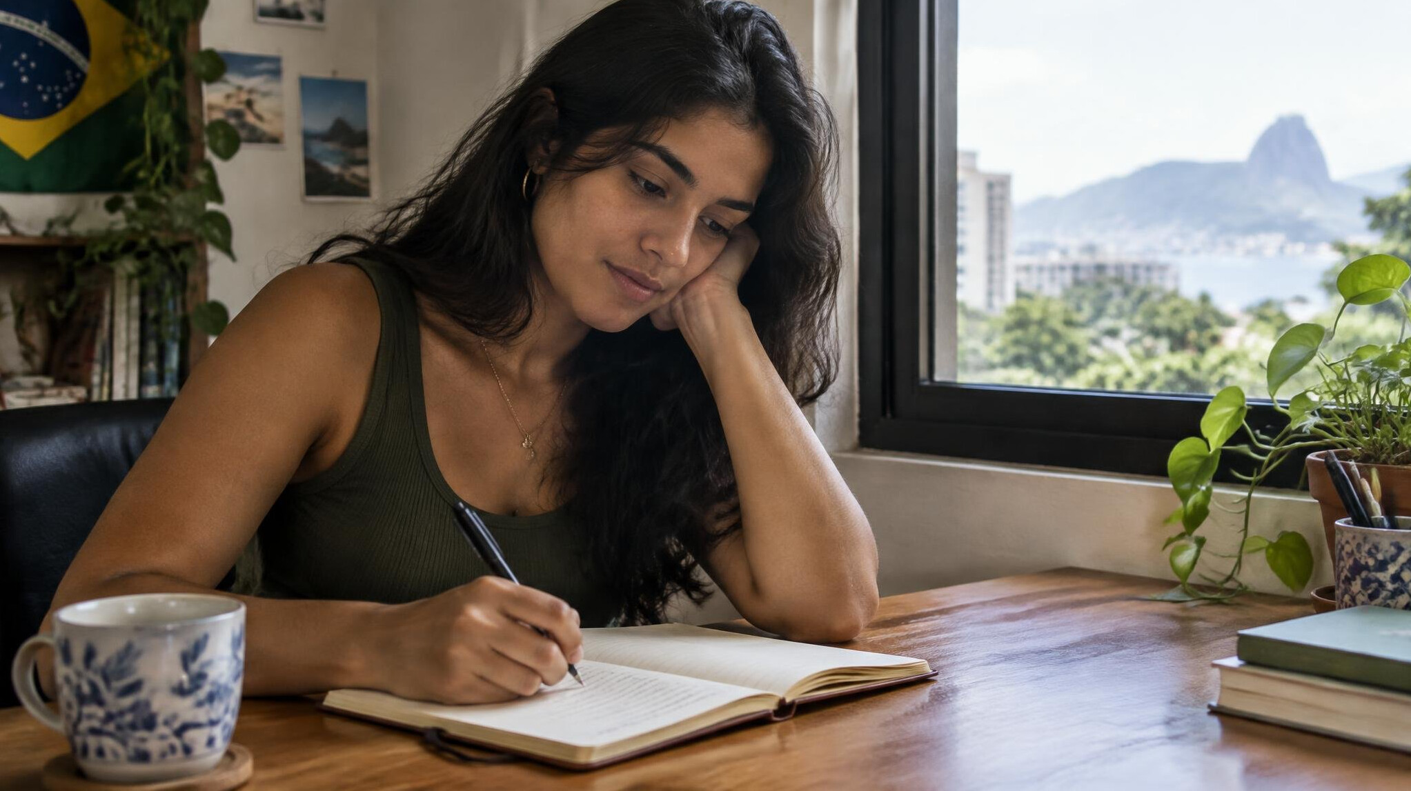 Woman writing thoughtfully in a journal at a wooden desk