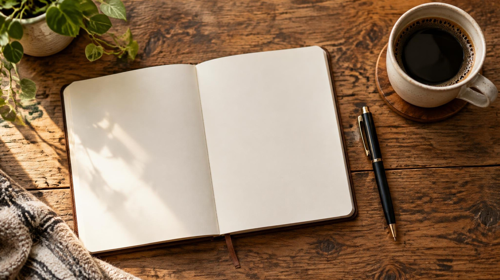 Open notebook with a pen on a wooden table near a coffee cup